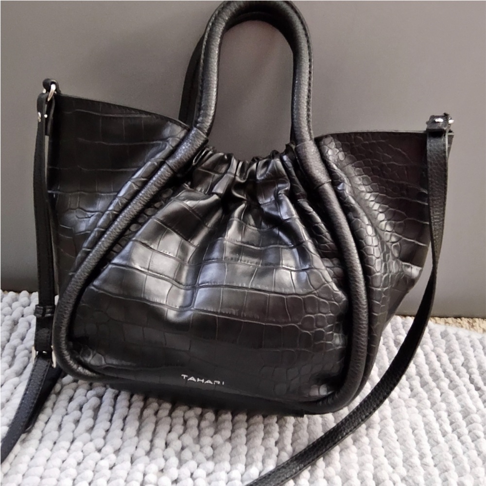 Tahari Black Croc-Embossed Crossbody Bag